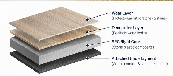 Luxury vinyl plank layers showing wear layer, decorative layer, SPC rigid core and attached underlayment