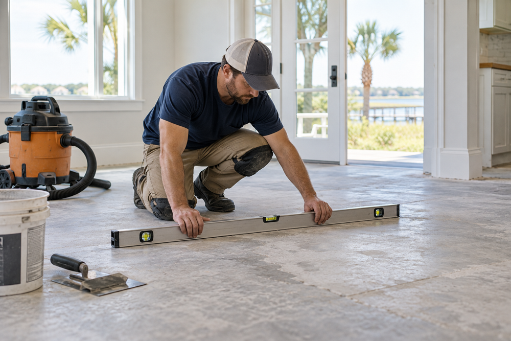 Flooring installer checking and preparing a subfloor with a long level before flooring installation